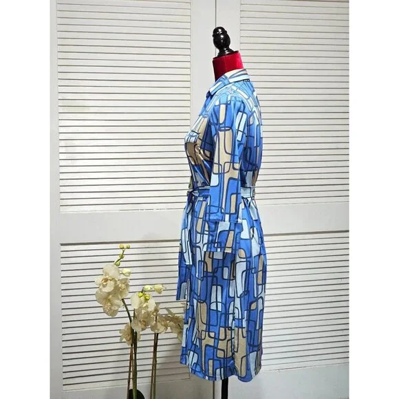 J. McLaughlin Women's Blue / Beige Geometric Pattern Button-Front Dress Sz S 204 - Picture 3 of 12